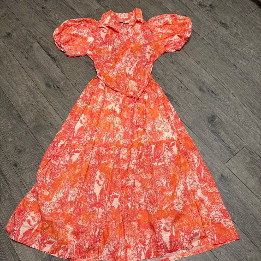 Orange Hawaiian puff sleeve maxi dress belted - Picture 2 of 4